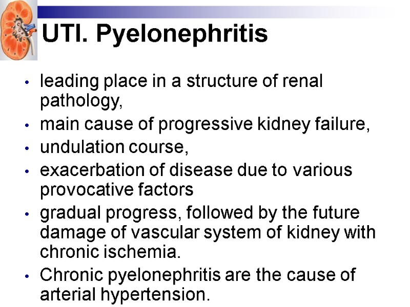 UTI. Pyelonephritis   leading place in a structure of renal pathology,  main